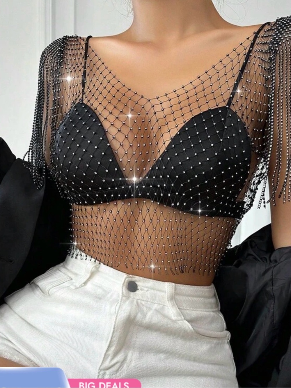 Rhinestone Mesh Crop Top - Black